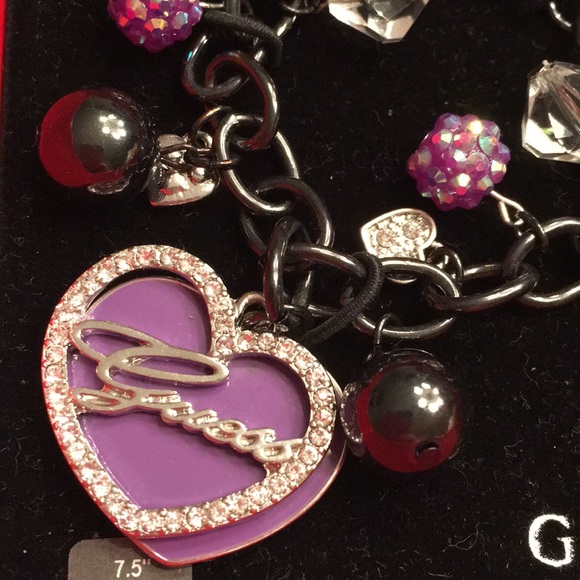 NIB Guess Blk-Slvr Metal Purple Heart Bracelet - Picture 2 of 4
